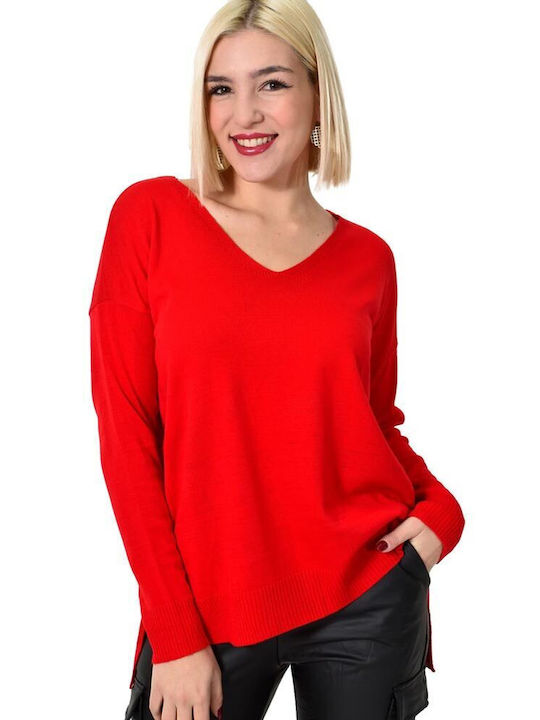 Potre Damen Langarm Pullover Wolle mit V-Ausschnitt Rot