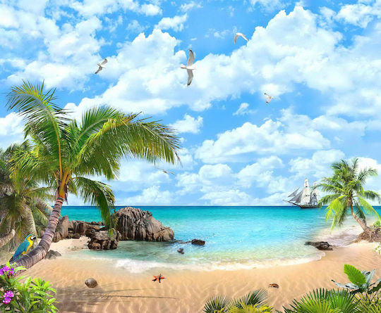 Tapet Autocolant De Perete Beach Ship Seagulls 220x135cm Lavabil