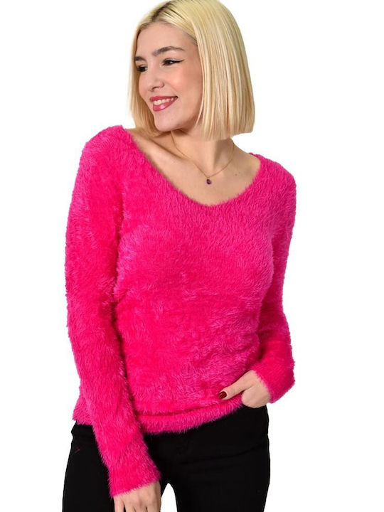 Potre Women's Long Sleeve Sweater Cotton with V Neckline Fuchsia