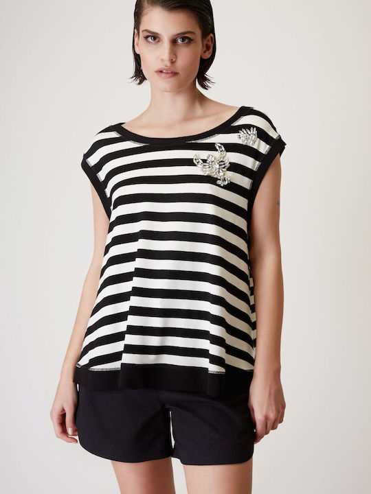 Dolce Domenica Women's Blouse Sleeveless Striped Black