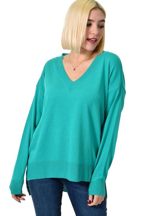 Potre Damen Langarm Pullover mit V-Ausschnitt Turquoise