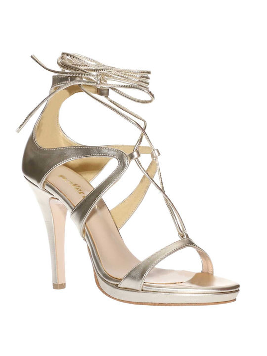 High Leather Women's Sandals Gold with Thin High Heel