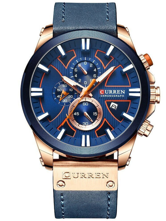 Curren Men's Watch Chronograph Battery with Blue Leather Strap