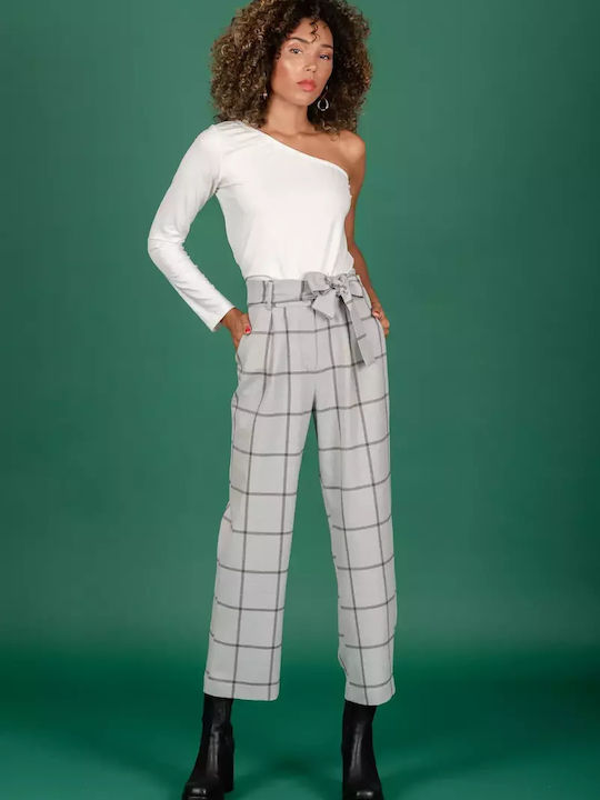 Chaton Women's High-waisted Fabric Trousers Checked Light Grey