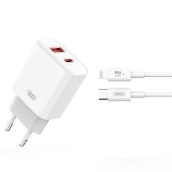 XO Φορτιστής με Θύρα USB-A και Θύρα USB-C και Καλώδιο USB-C - Lightning 20W Power Delivery Λευκός (CE12)