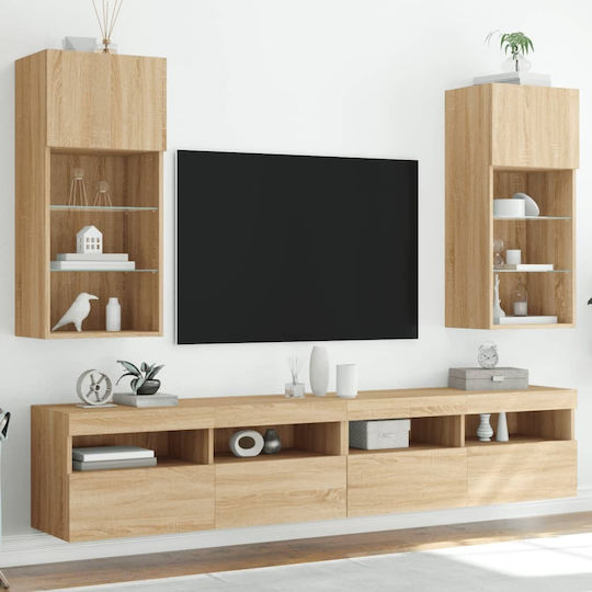 Hängeschrank fürs Wohnzimmer aus Spanplatte in Sonoma-Eiche mit LED-Beleuchtung 40.5x30x90cm
