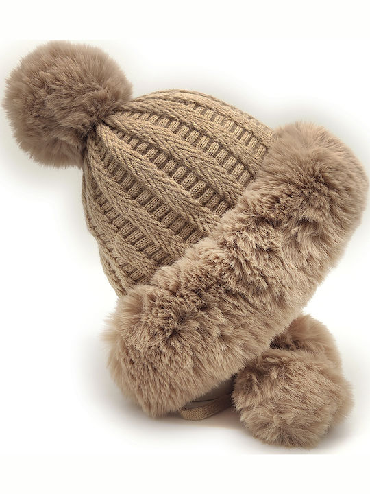 Pom Pom Beanie Γυναικείος Fleece Σκούφος Πλεκτός σε Καφέ χρώμα