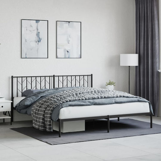 Pat King Size Metalic Negru Cu Plăci Pentru Saltea 183x213cm