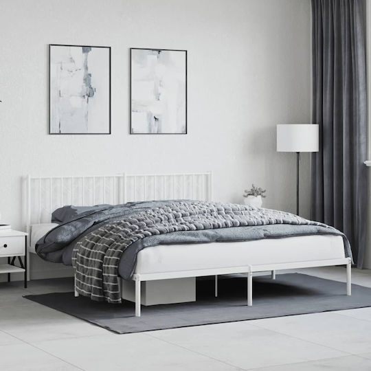 Pat King Size Metalic Alb Cu Plăci Pentru Saltea 183x213cm