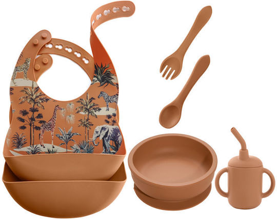 Queen Mother Feeding Set Jungle Discovery made of Silicone with Non-Slip Base Orange 6pcs for 6+ months