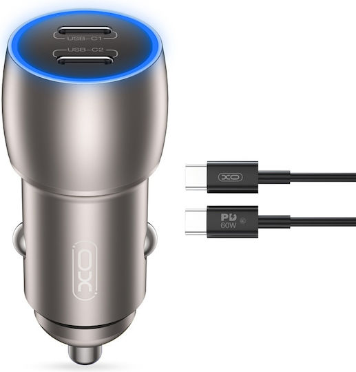 XO Car Charger 40W 8A with Ports: 2xType-C with Cable Type-C Gray Color