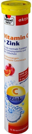 Doppelherz Vitamin C & Zinc Βιταμίνη για Ενίσχυση του Ανοσοποιητικού, τo Δέρμα & Αντιοξειδωτική δράση 600mg Σαγκουίνι Ρόδι 15 αναβράζοντα δισκία