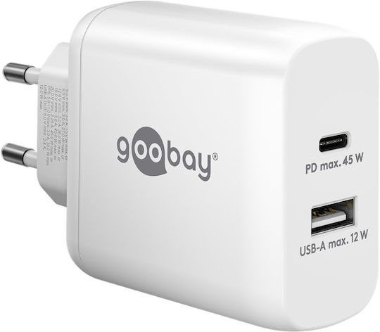 Goobay Φορτιστής Χωρίς Καλώδιο με Θύρα USB-A και Θύρα USB-C 45W Power Delivery Λευκός (65412)
