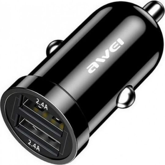 Awei Car Charger 12W 2.4A with Ports: 2xUSB Black Color
