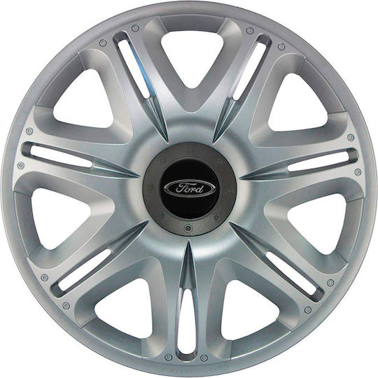 J-Tec Car Hubcap Set Nascar with Ford Emblem 14" 4pcs Silver