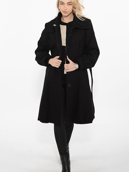 Korinas Fashion Μάλλινο Γυναικείο Μαύρο Παλτό με Ζώνη