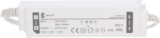 Breve LED Power Supply Waterproof IP65 Power 60W with Output Voltage 24V