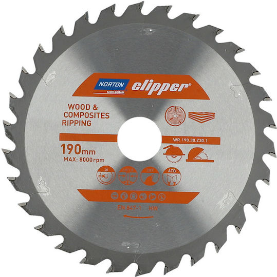 Norton Δίσκος Κοπής Ξύλου με 30 Δόντια 190mm