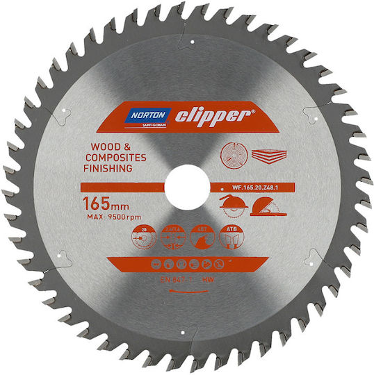 Norton Δίσκος Κοπής Ξύλου με 48 Δόντια 165mm