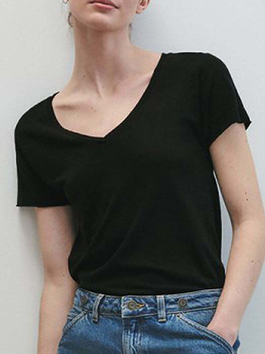 American Vintage Γυναικεία Μπλούζα Κοντομάνικη με V Λαιμόκοψη Noir