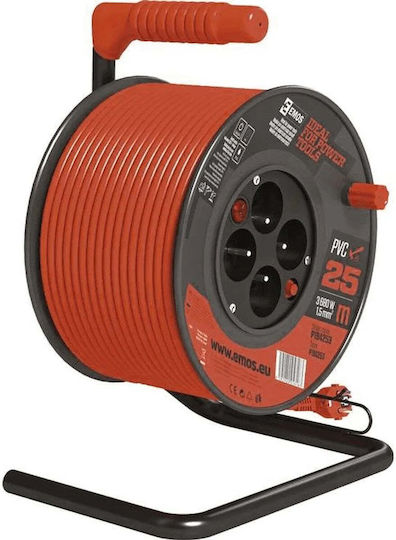Emos Cablu de prelungire cu role 4 locuri cu lungimea de 25m Diametru 3 x 1.5mm² Roșie