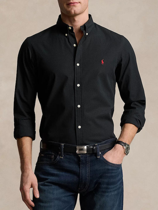 Ralph Lauren Shirt Ανδρικό Πουκάμισο Μακρυμάνικo Βαμβακερό με Στενή Γραμμή Black