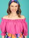 Women's Summer Blouse Linen Short Sleeve Fuchsia