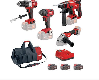 Flex CF1 PD-FC,ID-1/4 & CHE-18 Set Angle Wheel & Drill Driver & Impact Screwdriver & Hammer 18V with 3 5Ah Batteries and Case