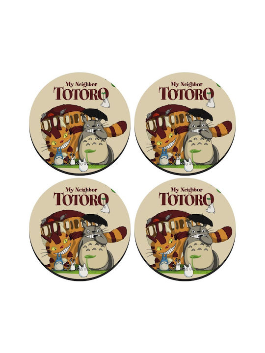 Koupakoupa Totoro And Cat Round Coaster Wooden Beige 4pcs