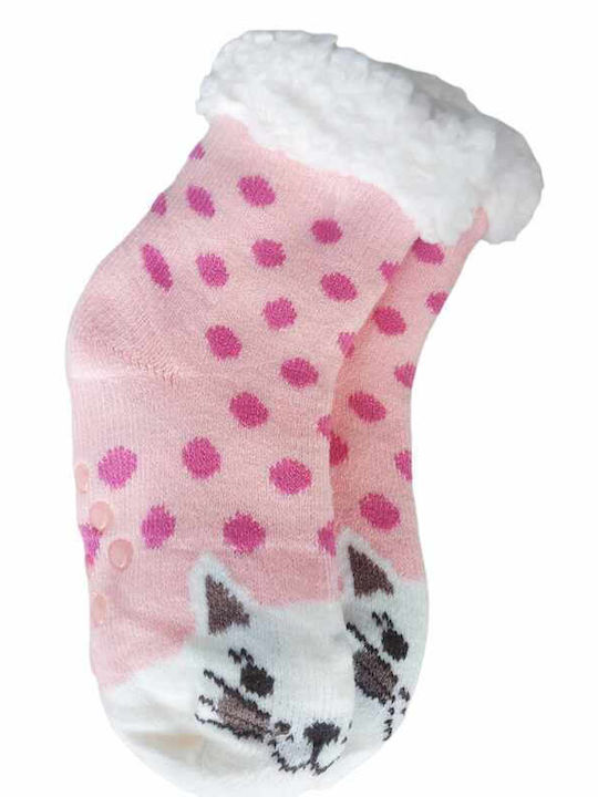 Kinder-Anti-Rutsch-Socken mit Fell Rosa mit weißem Kätzchen