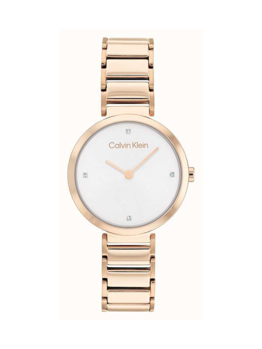 Calvin Klein Minimalistic T Bar Watch with Pink Gold Metal Bracelet