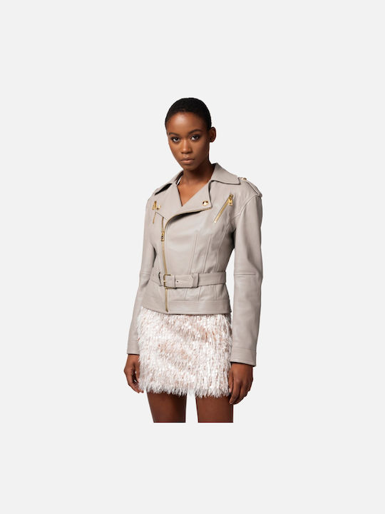 Elisabetta Franchi Women's Short Lifestyle Leather Jacket for Winter Beige-grey