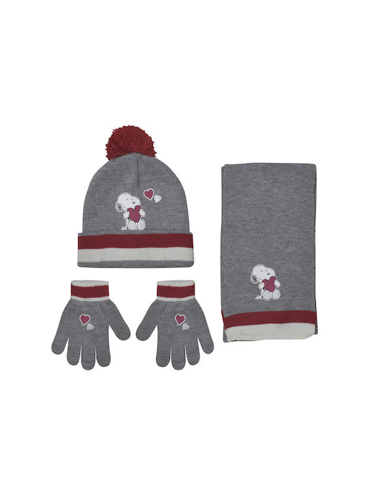 Peanuts Snoopy and Woodstock Kids Beanie Set with Scarf & Gloves Knitted Gray