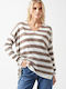 Only Women's Blouse Long Sleeve with V Neckline Striped Beige