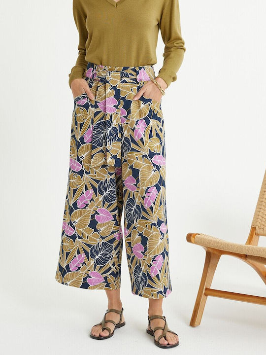 Anne Weyburn Γυναικείο Λινό Παντελόνι με Λάστιχο Loose Fit Floral Πράσινο