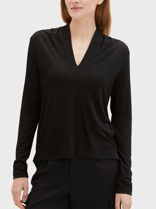 Tom Tailor Damen Bluse Langärmelig mit V-Ausschnitt Black