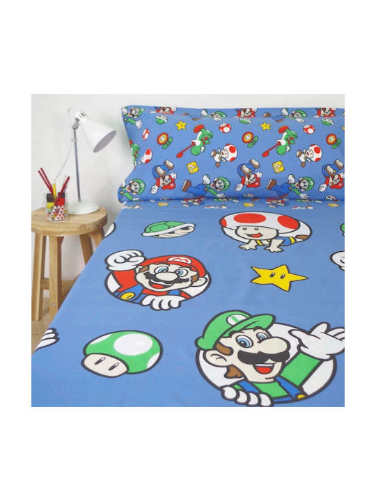 Nintendo Bettwäsche-Set Einzel aus Baumwolle & Polyester Super Mario Bros Blau 90x195cm 3Stück