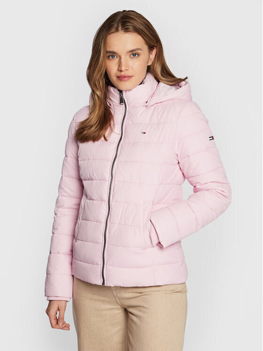 Tommy Hilfiger Women's Short Puffer Jacket for Winter with Detachable Hood Pink