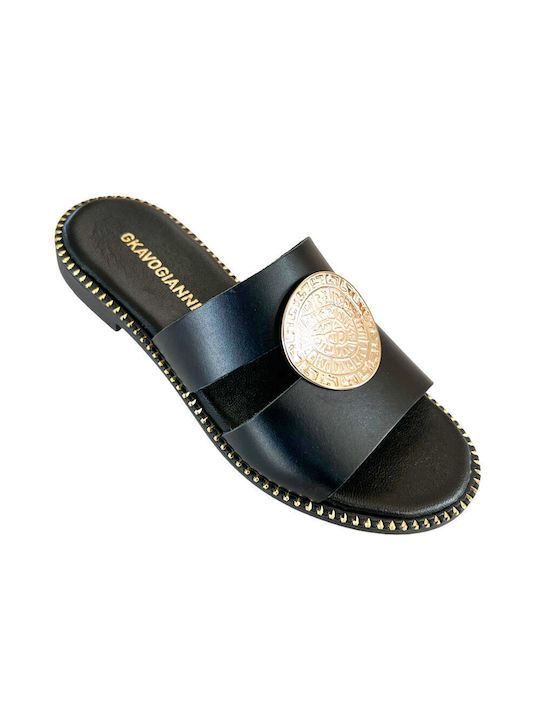 Gkavogiannis Sandals Leather Women's Flat Sandals in Black Color