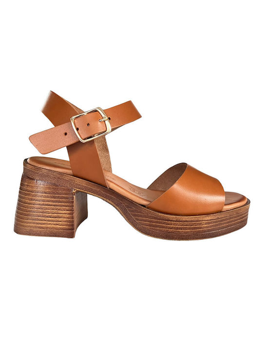Gkavogiannis Sandals Platform Leather Women's Sandals with Ankle Strap Tabac Brown