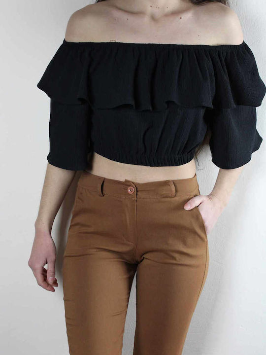 Women's Summer Crop Top Off-Shoulder Cotton Short Sleeve Black