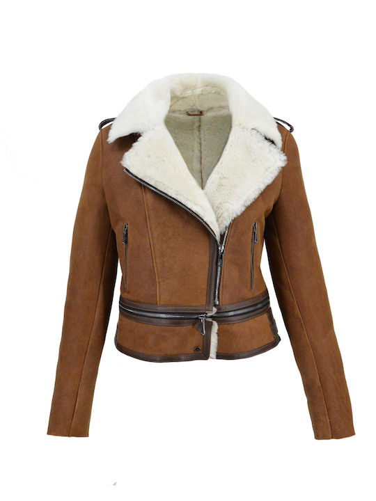 Δερμάτινα 100 Women's Short Lifestyle Leather Jacket for Winter Cognac