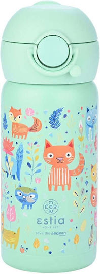 Estia Wonder Bottle Save the Aegean Kids Water Bottle Thermos Stainless Steel with Straw Non Spill Feline Foliage 350ml (Various Designs/Colours)