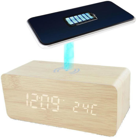 Ceas De Masă Digital Din Lemn Cu Ceas Deșteptător Și Încărcare Wireless AT000020159