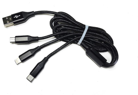 MSonic Braided USB to Lightning / Type-C / micro USB Cable 2A Μαύρο 1m MLU621