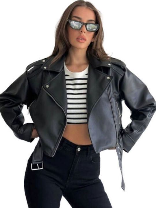 Chica Women's Short Biker Artificial Leather Jacket for Winter BLACK
