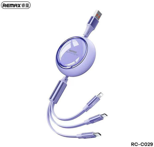 Ausziehbar USB zu Blitzschlag / Typ-C / Micro-USB Kabel 2A Lila 1m (RC-C029)