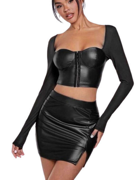 Chica Set cu Piele Fustă în culoarea Negru