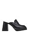 Leather Mules with Chunky High Heel in Black Color