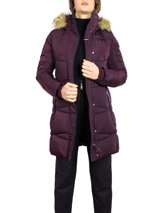 Tommy Hilfiger Women's Short Puffer Jacket for Winter with Hood Purple
